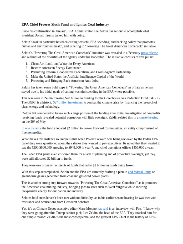 EPA Chief Freezes Slush Fund and Ignites Coal Industry | PDF | United ...