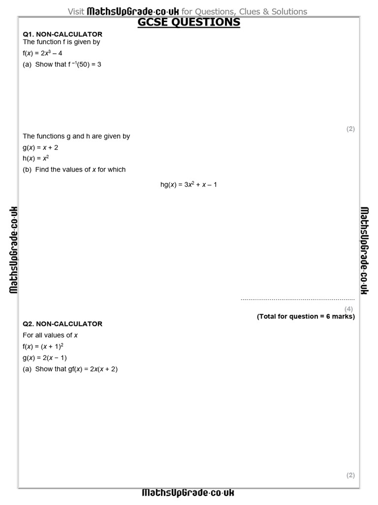GCSE Functions and Inverses Practice | PDF | Mathematics | Mathematical ...