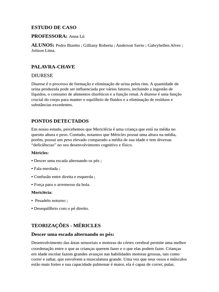Estudo de Caso sobre Diurese e Desenvolvimento Infantil | PDF ...