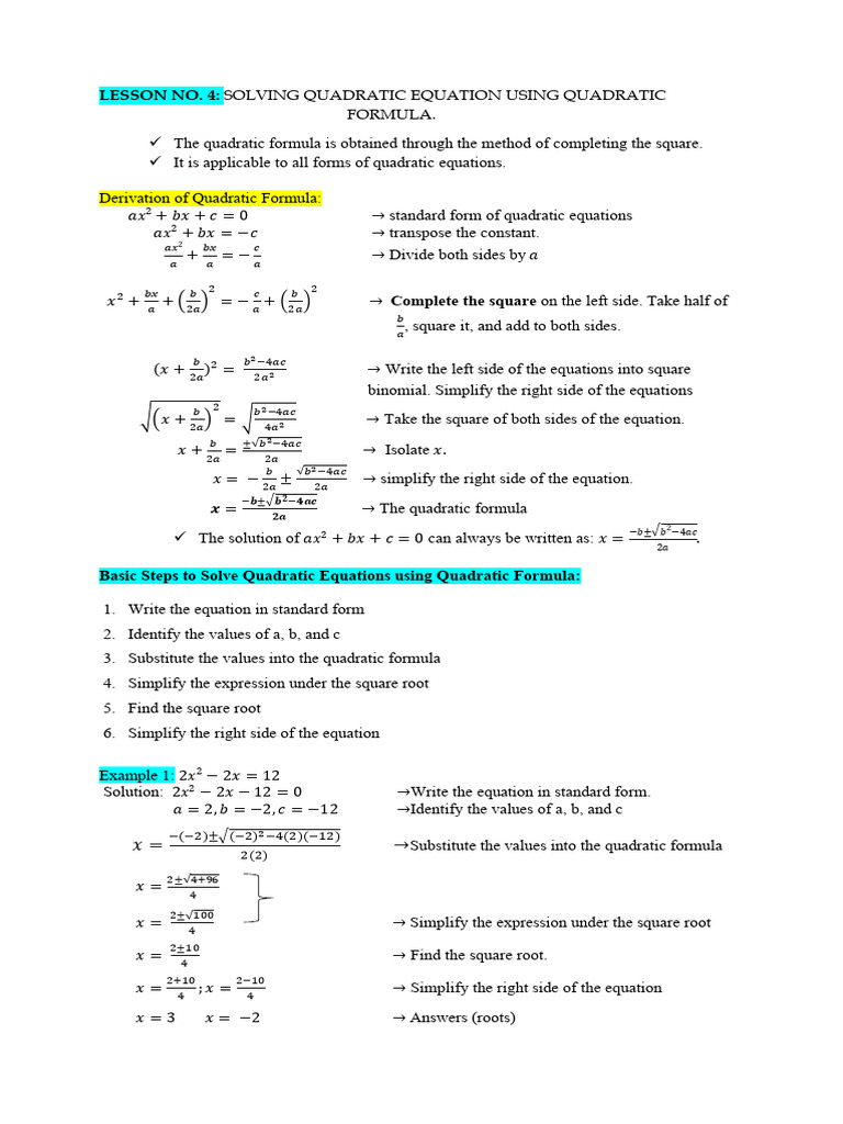 Lecture No. 5. Solving Quadratic by Quadratic Formula. | PDF ...