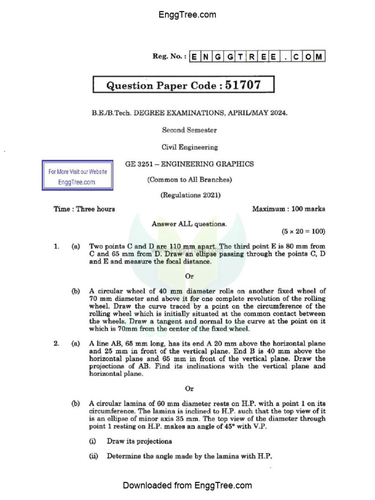 GE3251 Engineering Graphics Apr May 2024 Question Paper Download | PDF