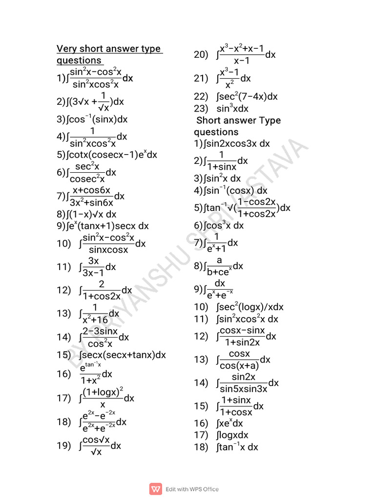 Short Answer Integration Problems | PDF