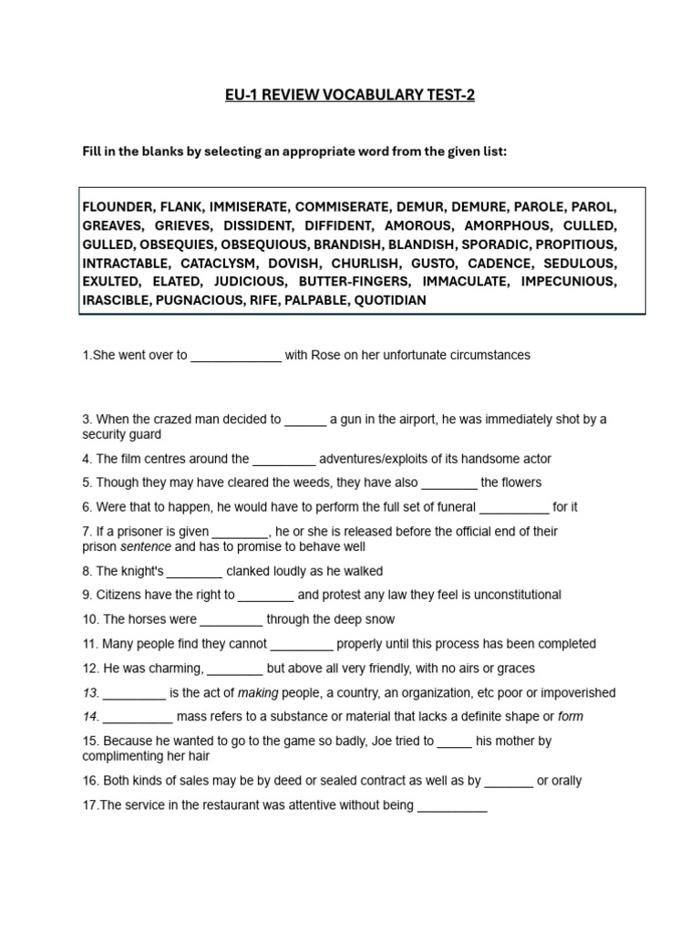 EU-1 Vocabulary Test: Fill in the Blanks | PDF | Chess | Chess Theory