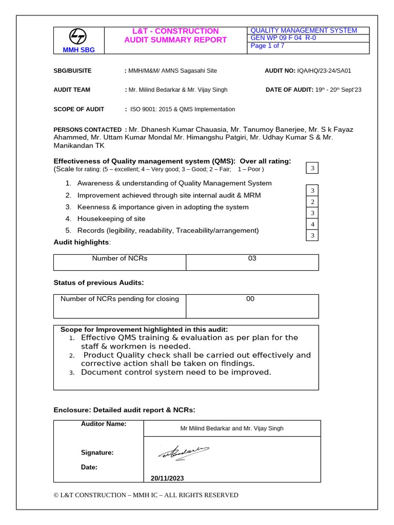 L&T Construction QMS Audit Summary 2023 | PDF | Audit | Business