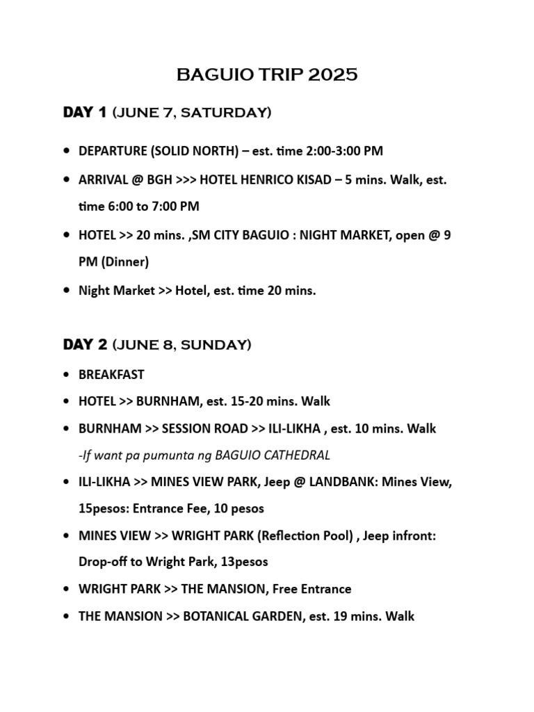 Baguio 3-Day Itinerary 2025 | PDF