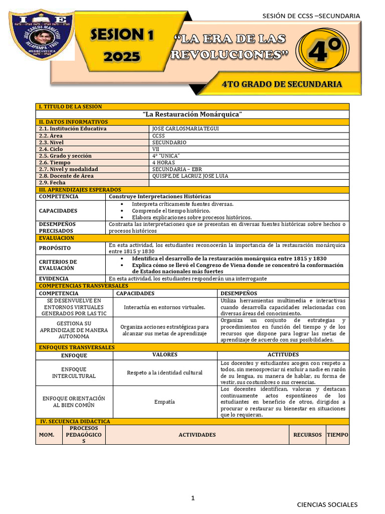 4º - Sesion 1 - Ccss 2025 | PDF | Enseñando | Aprendizaje
