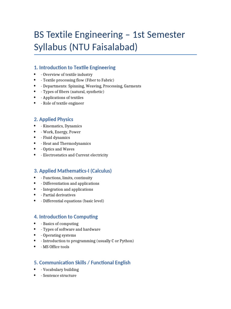 1st Semester Textile Engineering Syllabus | PDF