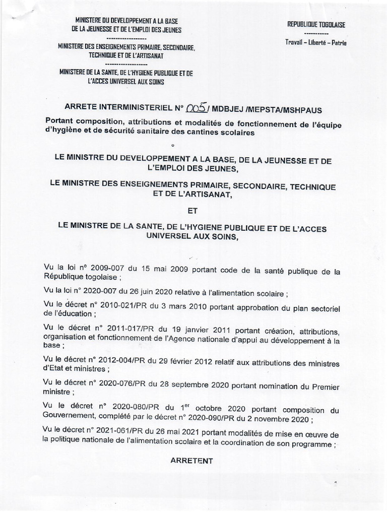 Arrêté AS N°005 Equipe Hygiène | PDF