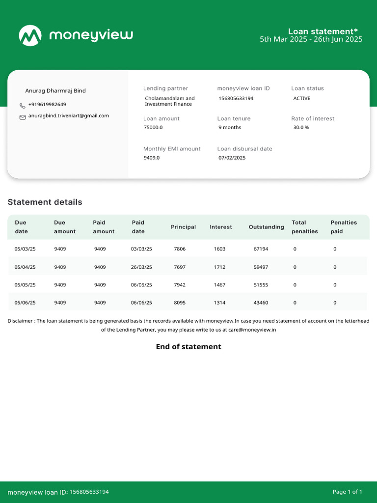 Loan Statement 26-06-2025 | PDF | Banking | Investment Banking