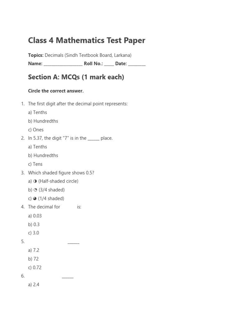 Class 4 Mathematics Test Paper | PDF
