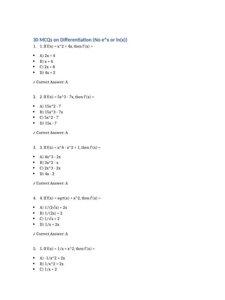 30 Differentiation MCQs for Practice | PDF | Chess Theory | Chess
