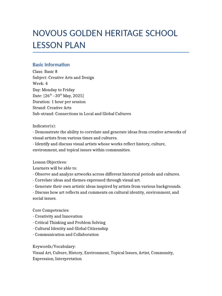 Creative Arts Lesson Plan for Basic 8 | PDF | Lesson Plan | Creativity