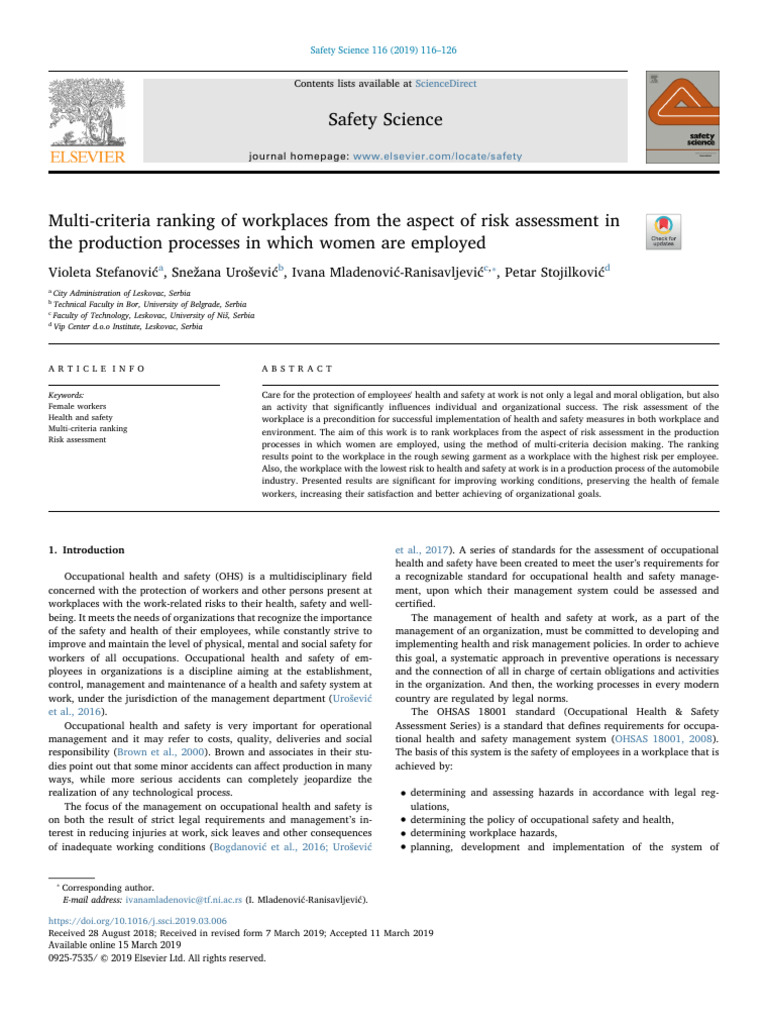 Risk Assessment for Female Workers | PDF | Occupational Safety And ...