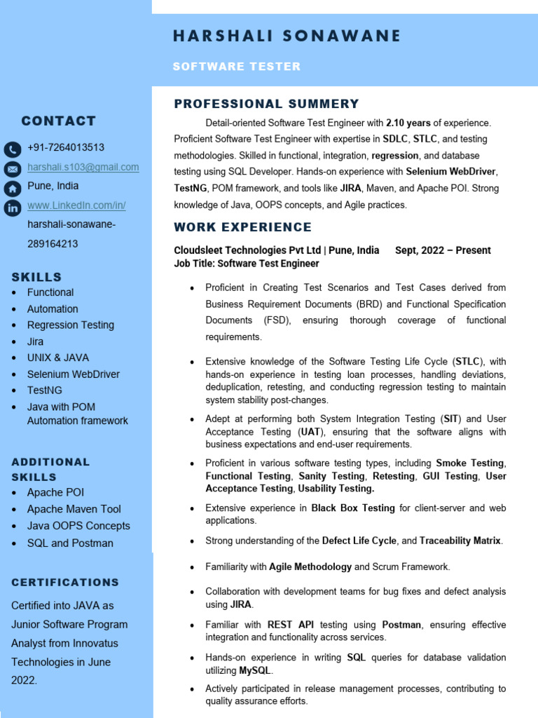 Software Test Engineer Profile: Harshali Sonawane | PDF | Software ...
