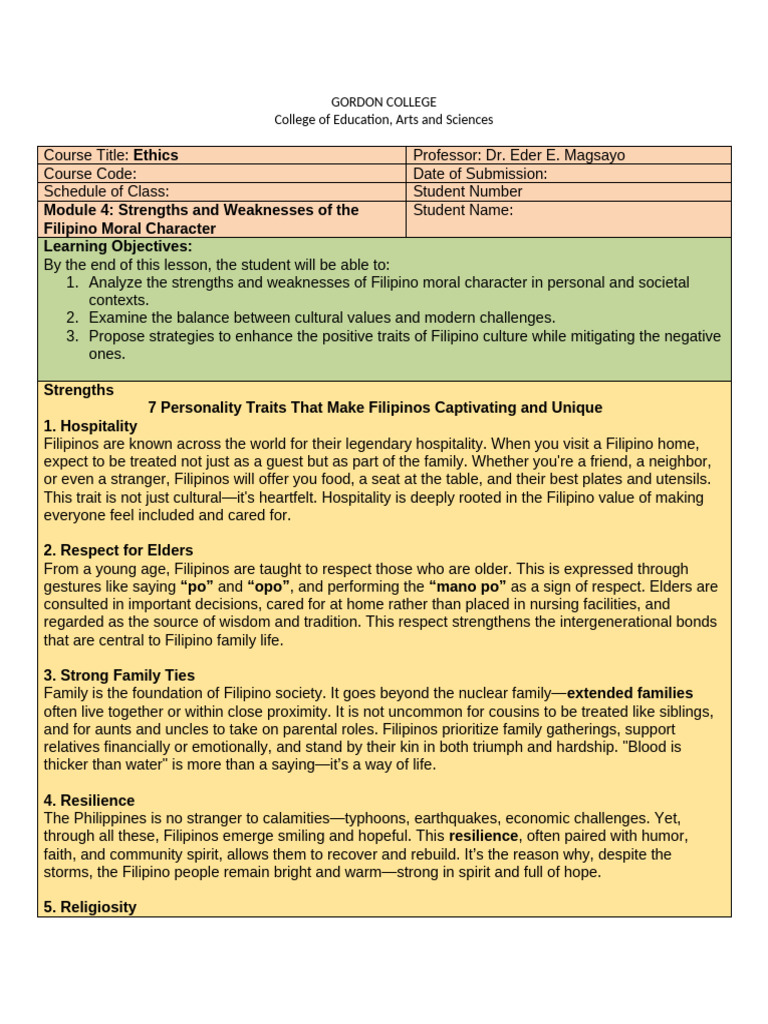 Filipino Moral Character Analysis | PDF | Psychological Resilience ...