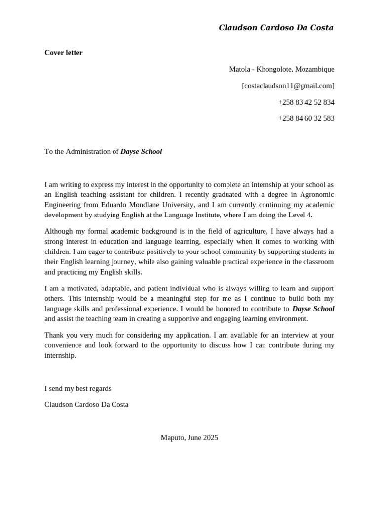 Internship Application for English Assistant | PDF