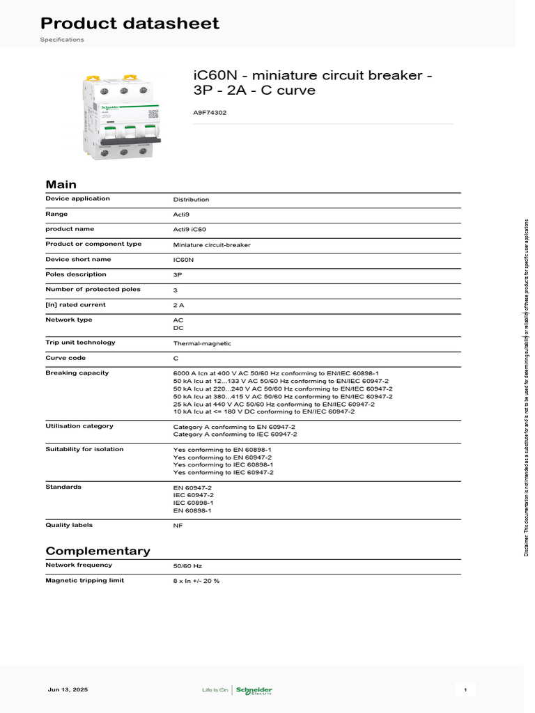 Acti9 iC60N MCB 2A Datasheet | PDF | Alternating Current | Electrical ...