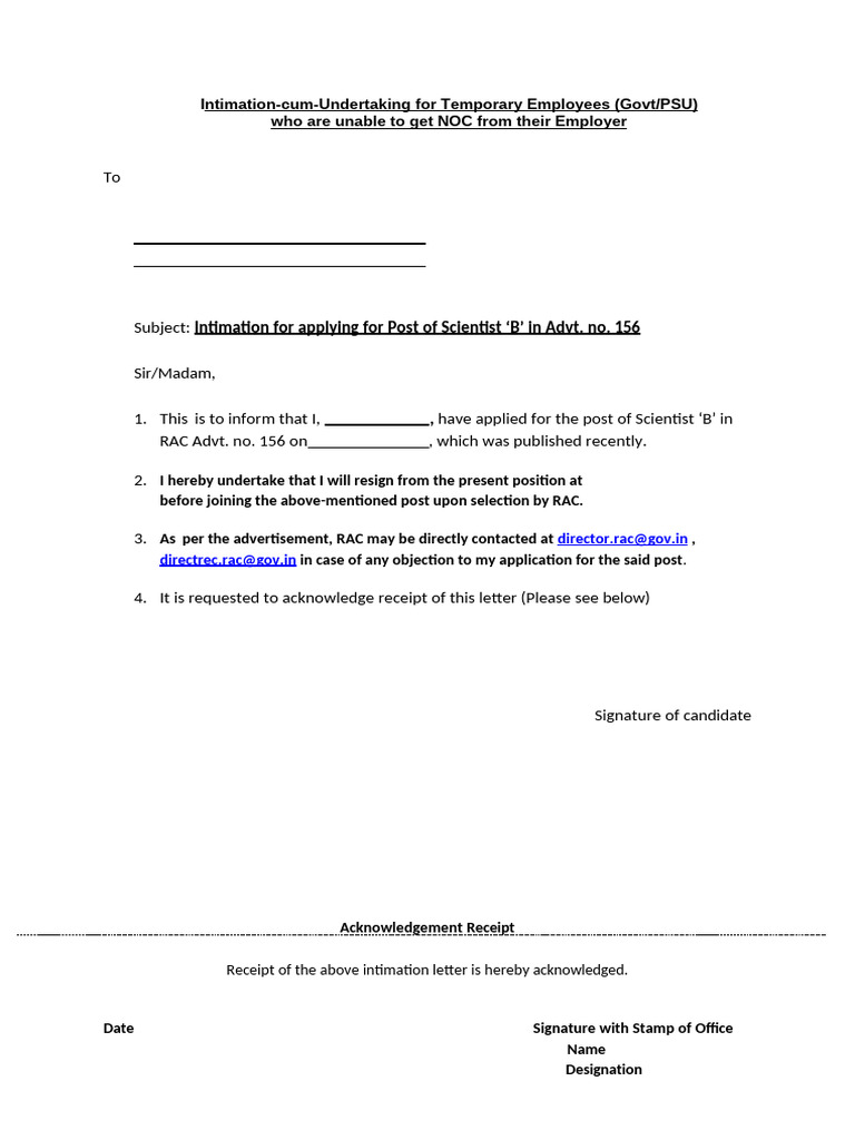 Intimation for Scientist 'B' Application | PDF