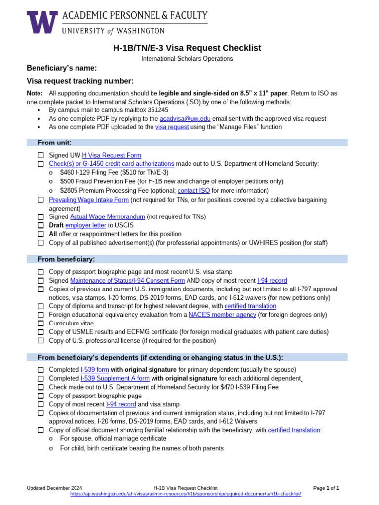 H1B Checklist | PDF | H 1 B Visa