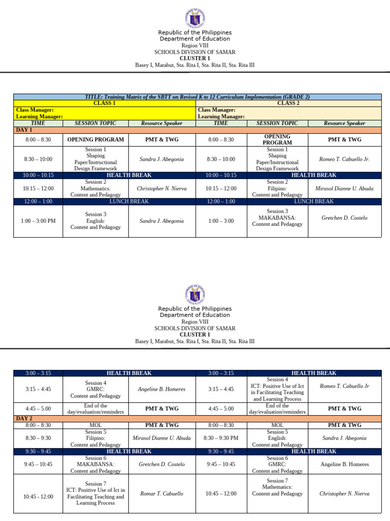 SBTT Training Matrix for Grade 2 Curriculum | PDF | Intelligence ...