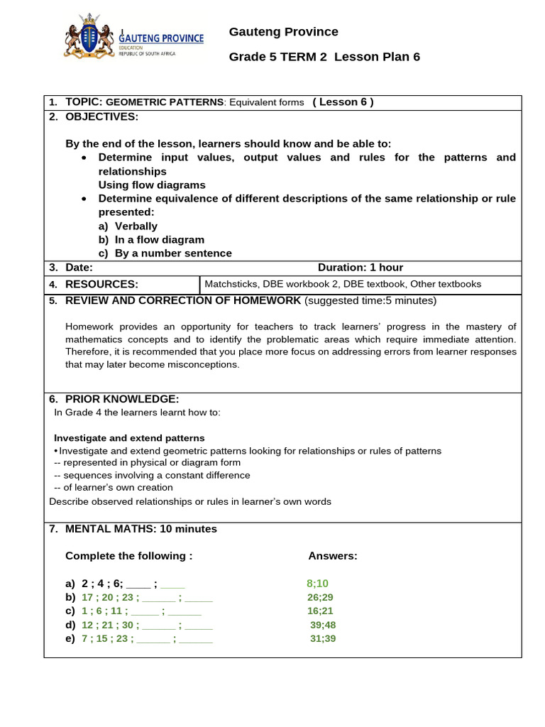 Grade 5 Geometric Patterns Lesson Plan | PDF | Homework | Learning