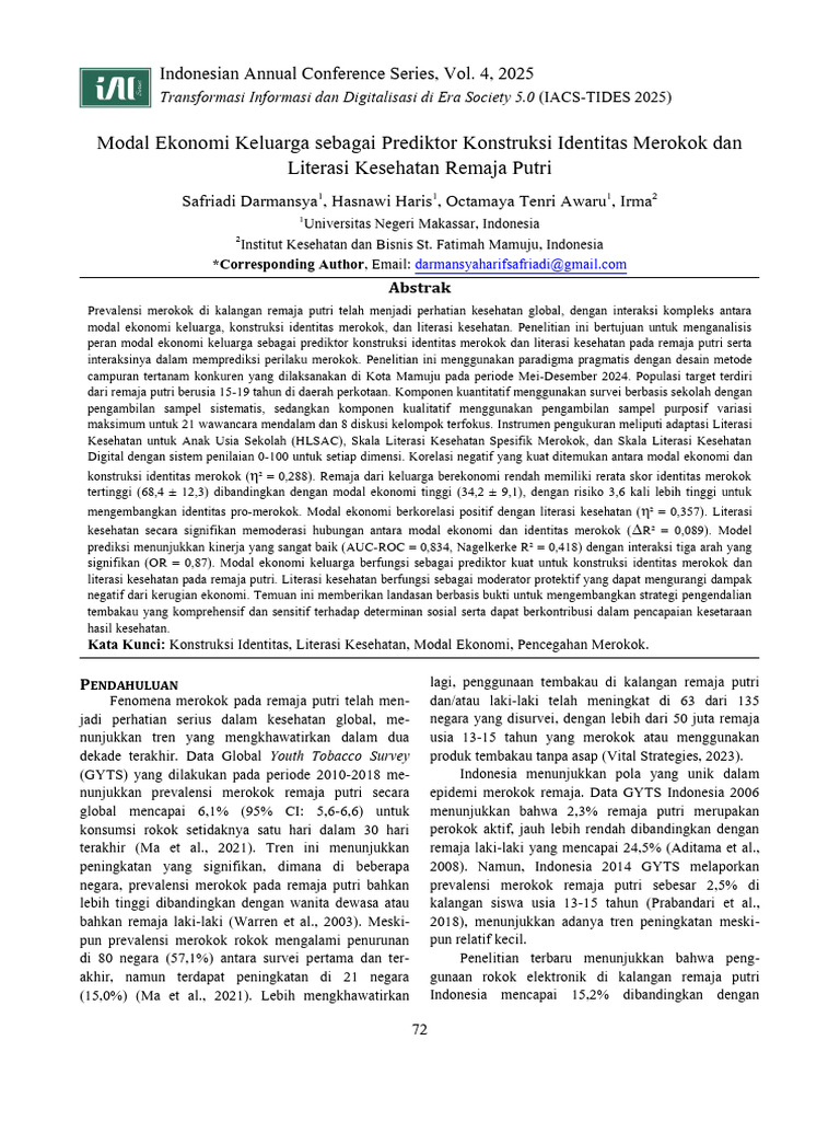 Modal Ekonomi Keluarga Sebagai Prediktor Konstruksi Identitas Merokok ...