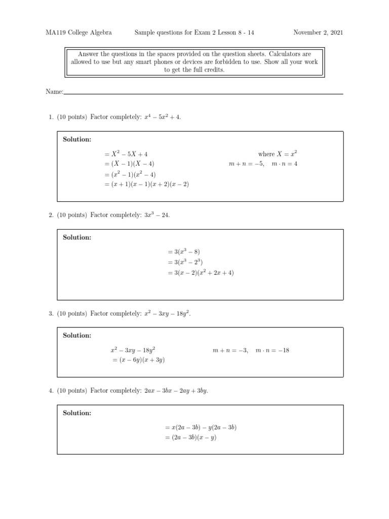 College Algebra Exam 2 Sample Questions | PDF | Equations | Algebra
