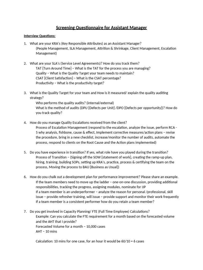 Assistant Manager Interview Questionnaire | PDF | Customer Satisfaction ...