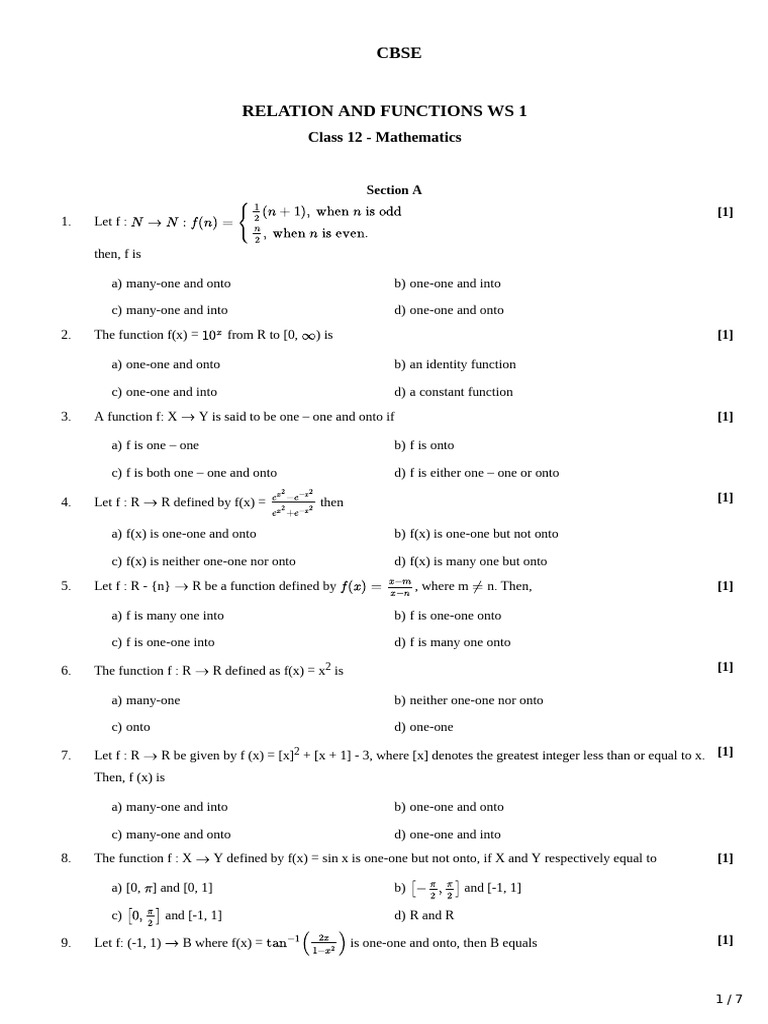 CBSE Class 12 Relations & Functions Worksheet | PDF | Function ...