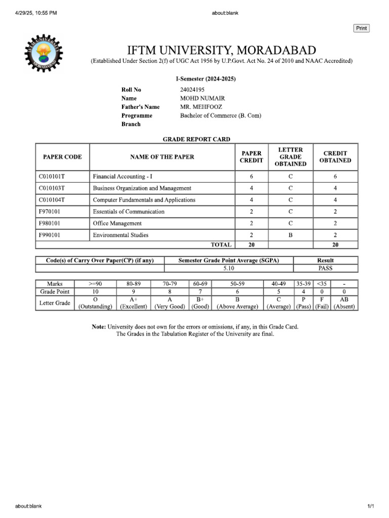 1 Semerter Result Iftm Universuty | PDF