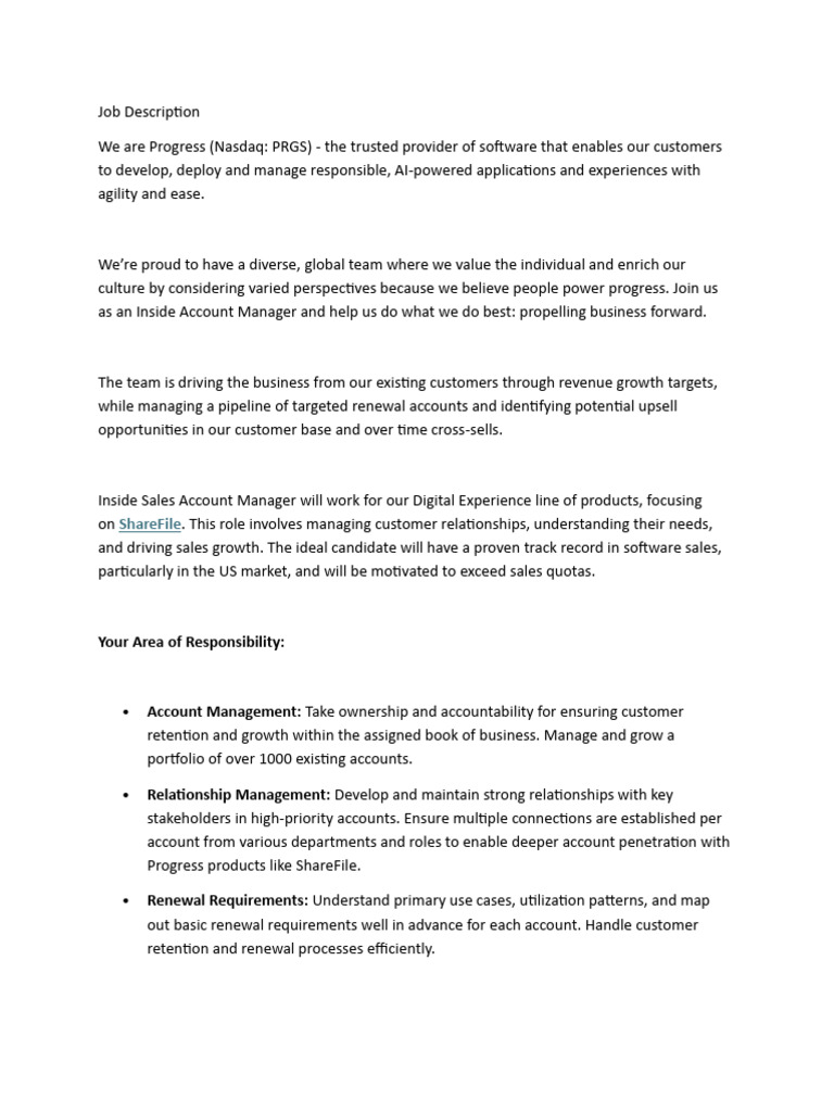 Inside Account Manager Job at Progress | PDF | Customer Relationship ...