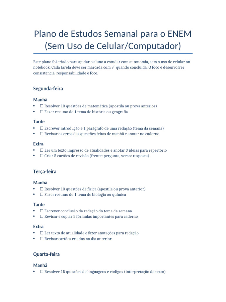 Plano de Estudos Semanal para o ENEM | PDF