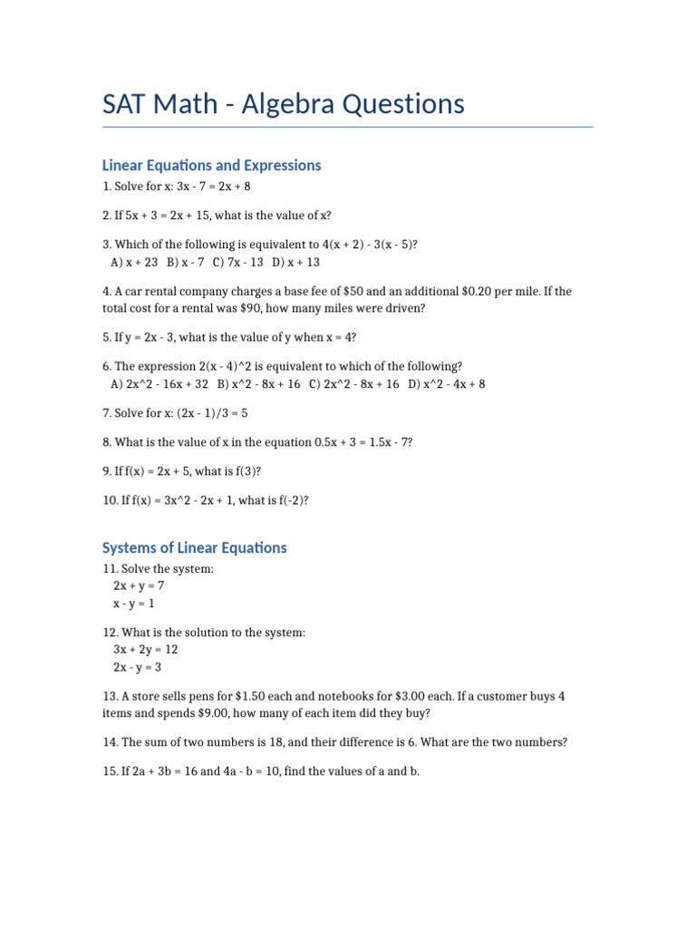 SAT Math Algebra Questions | PDF | Equations | Algebra