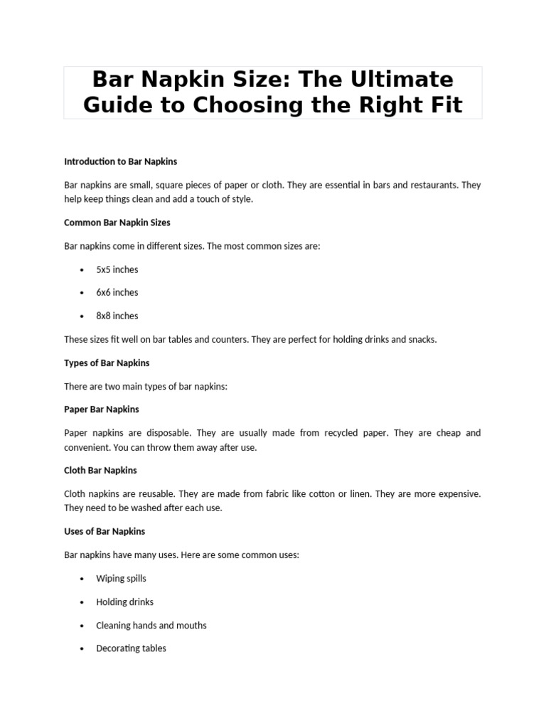 Bar Napkin Size Guide for Bars | PDF