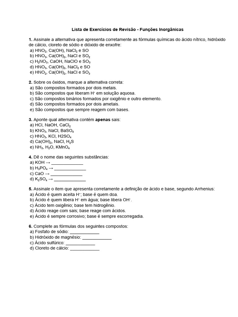 Exercícios sobre Funções Inorgânicas | PDF