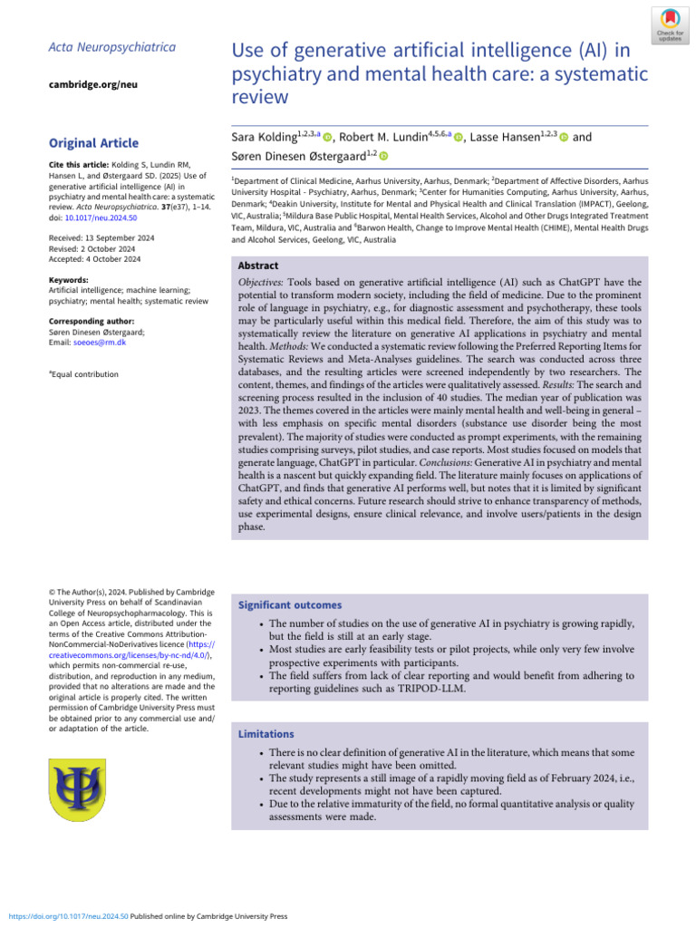 Use of Generative Artificial Intelligence Ai in Psychiatry and Mental ...