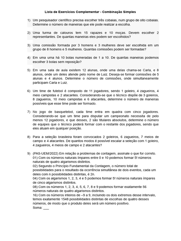 Exercícios de Combinação Simples | PDF | Atacante (futebol) | Zagueiro ...