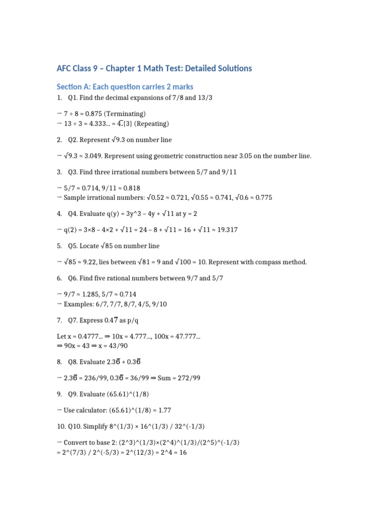 AFC 9 Math Ch1 Detailed Solutions | PDF