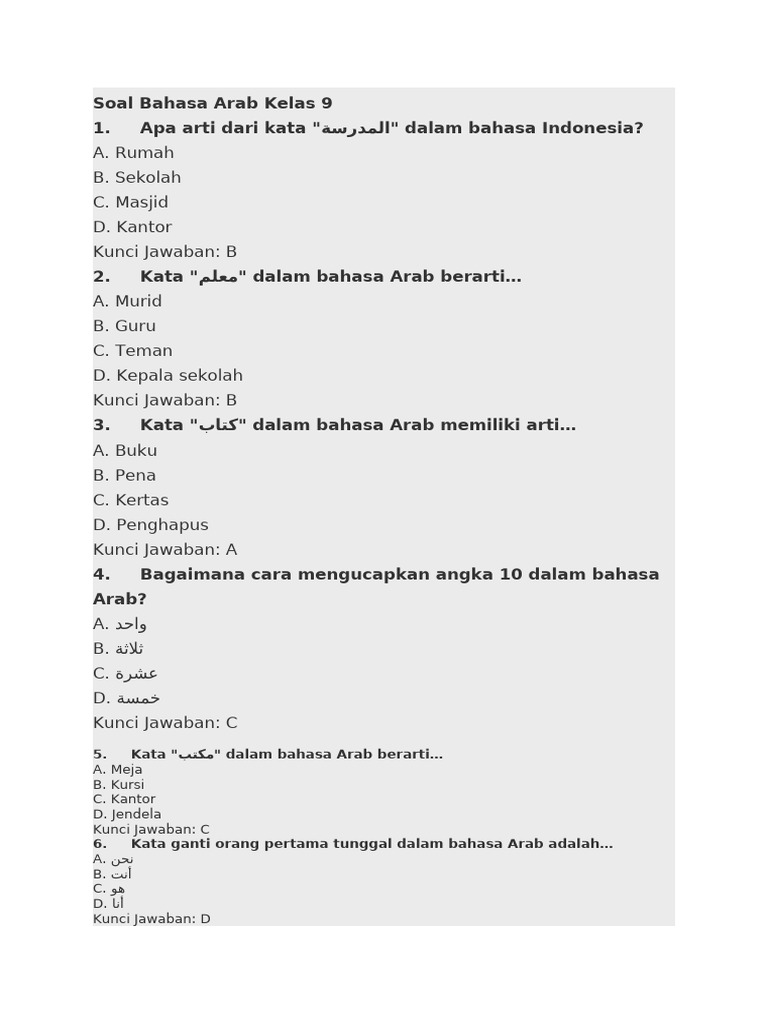 Soal Bahasa Arab Kelas 9 Semester 1 | PDF