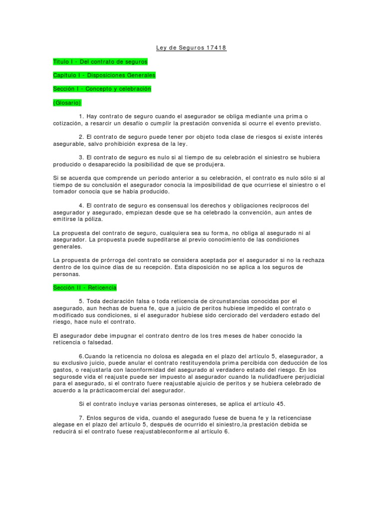 Ley de Seguros 17.418: Resumen y Artículos | PDF | Póliza de seguros ...