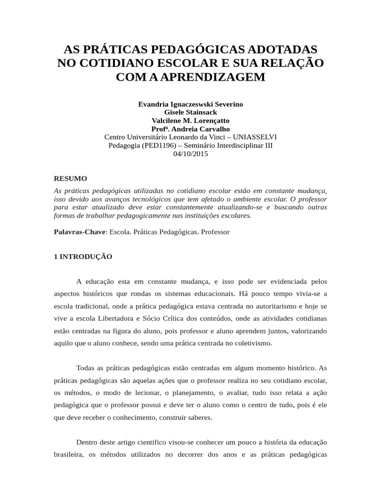 Práticas Pedagógicas e Aprendizagem Escolar | PDF | Pedagogia | Aprendizado