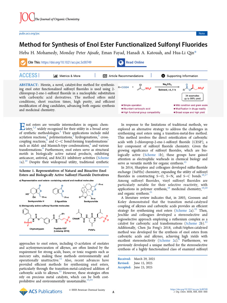 Synthesis of Enol Ester Sulfonyl Fluorides | PDF | Ester | Chemical ...
