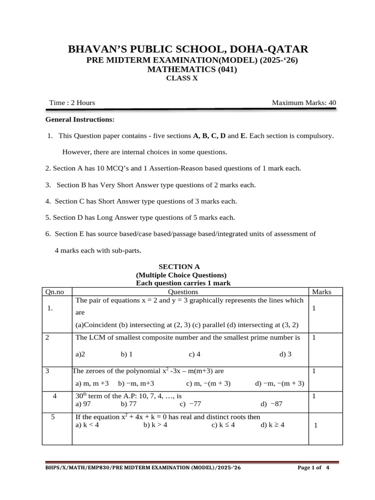 Class X Mathematics Pre Midterm Exam 2025-26 | PDF | Numbers | Zero Of ...