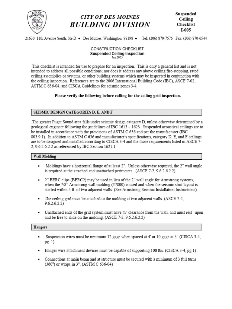 Suspended Ceiling Inspection Checklist | PDF | Beam (Structure) | Ceiling