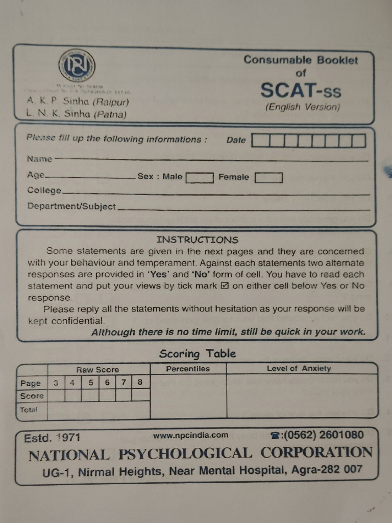 Sinha Comprehensive Anxiety Test Questionnaire | PDF