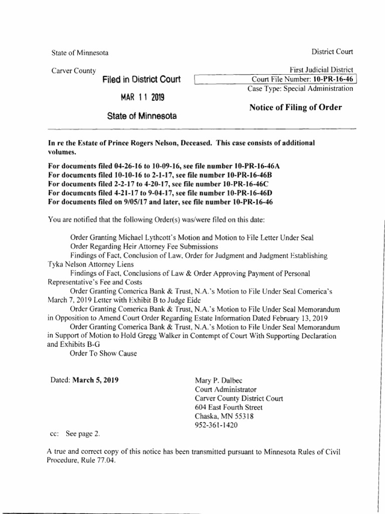 Prince Nelson Estate Court Orders Summary | PDF | Public Law | Justice