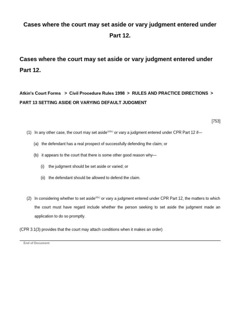 13.3 Cases Where The Court May Set Aside or Vary Judgment Entered Under ...