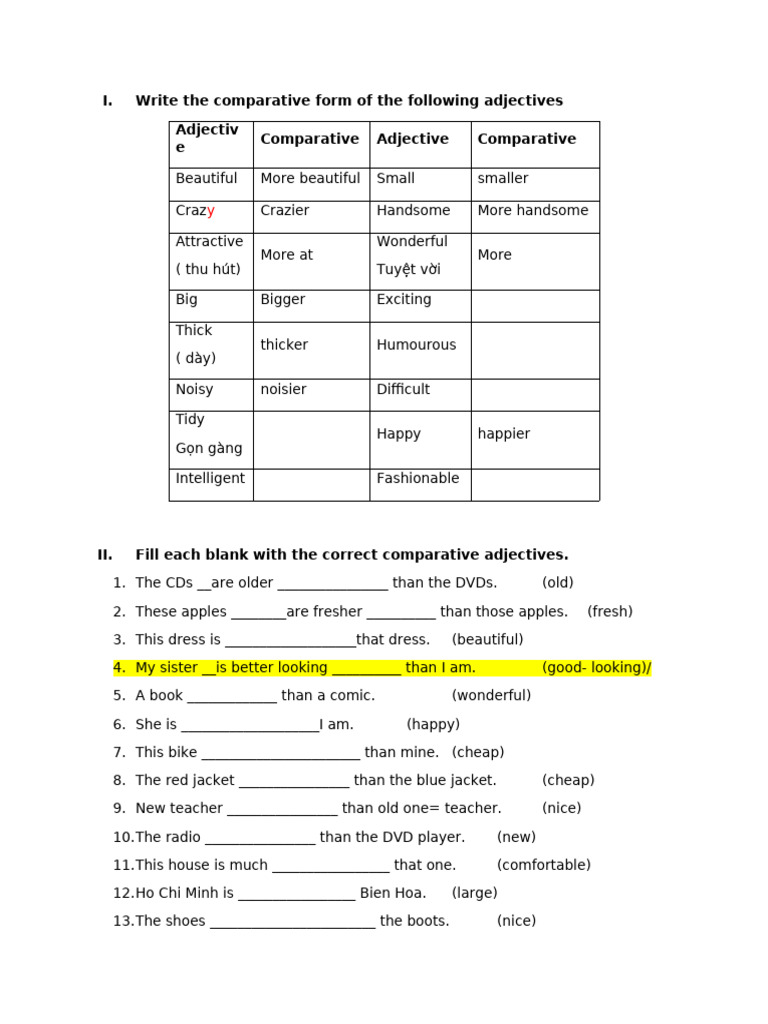 Comparative Adjectives Practice Exercises | PDF