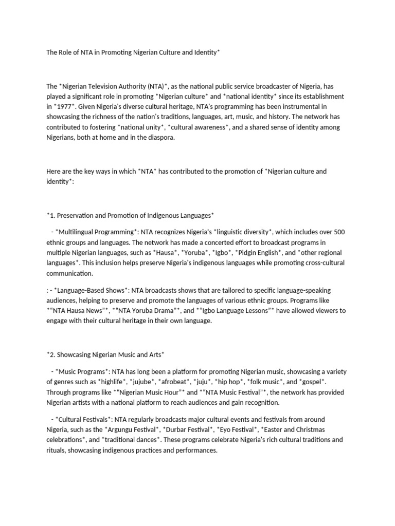 The Role of NTA in Promoting Nigerian Culture and Identity | PDF | Nigeria