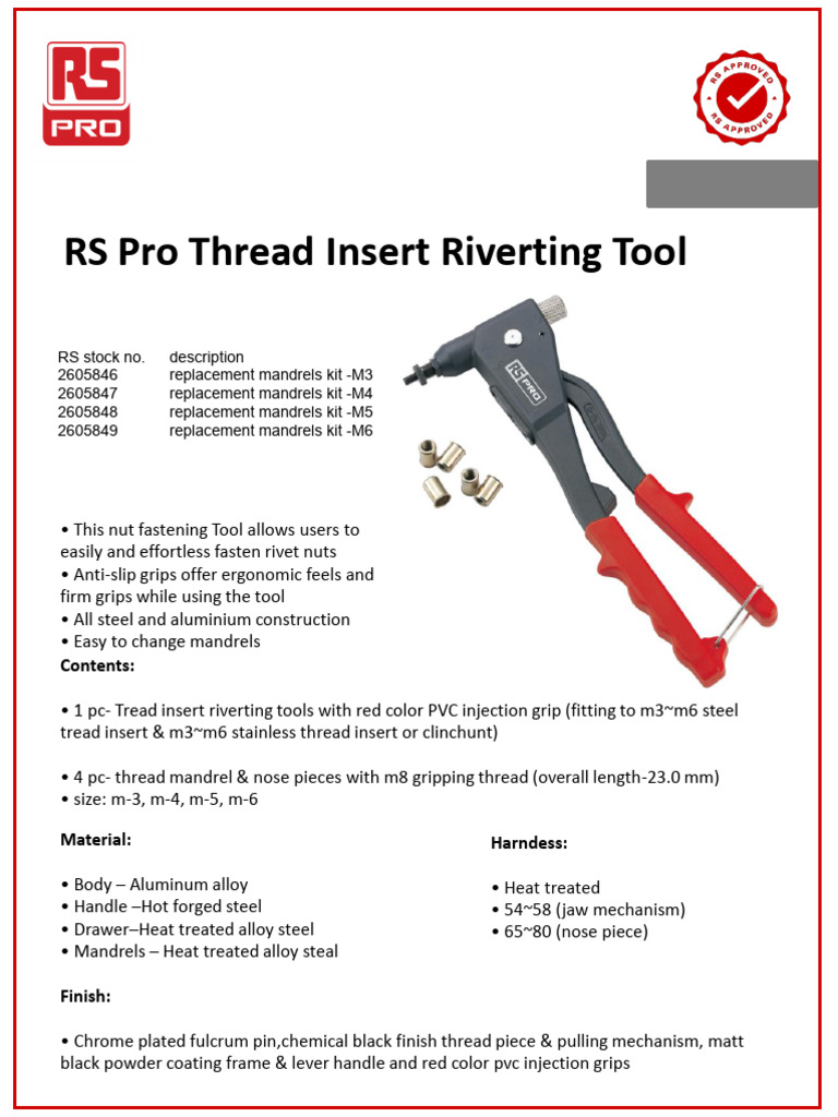 RS Pro Thread Insert Riverting Tool: Datasheet | PDF